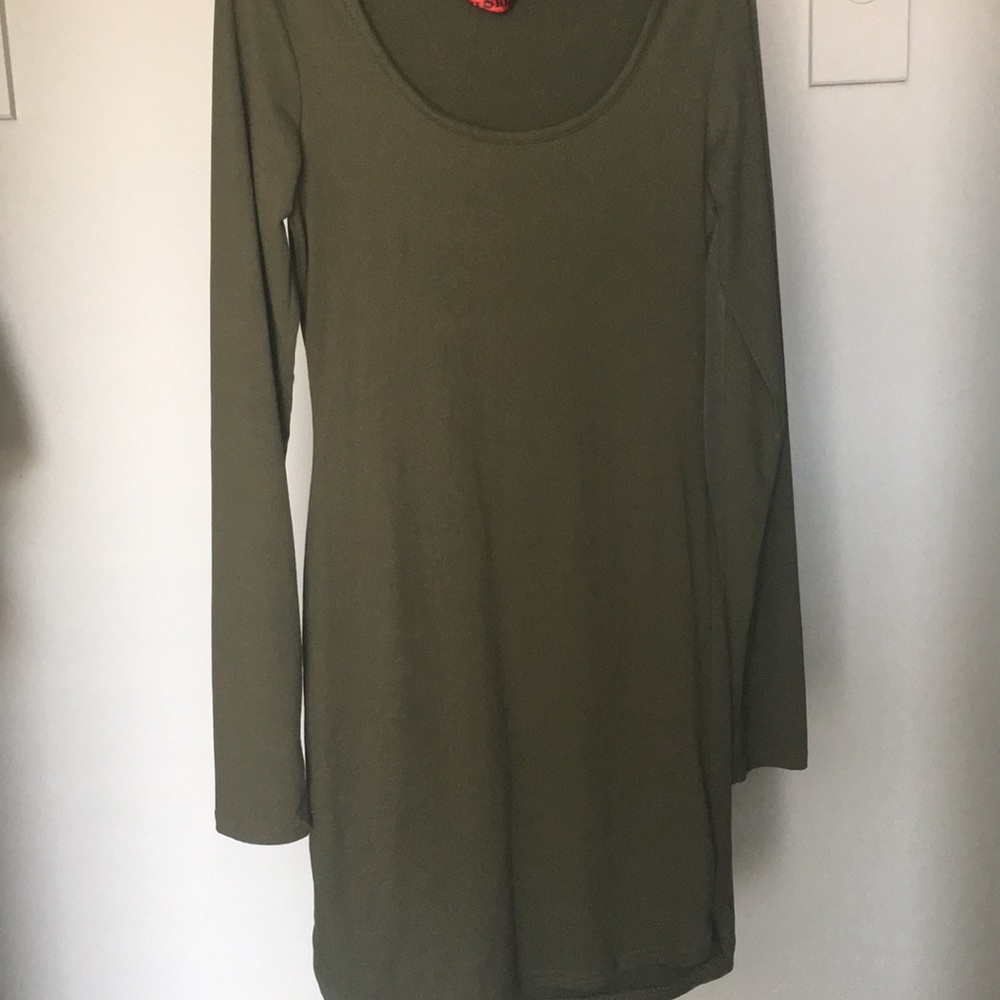 Army green long sleeve fitted dress.